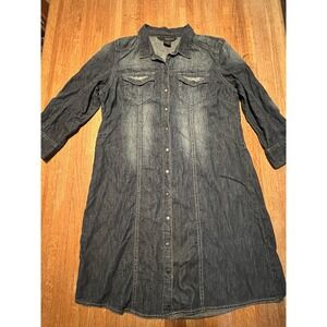 Vintage Calvin Klein Women Large 90's Dark Denim White Wash Snap Button Up Dress